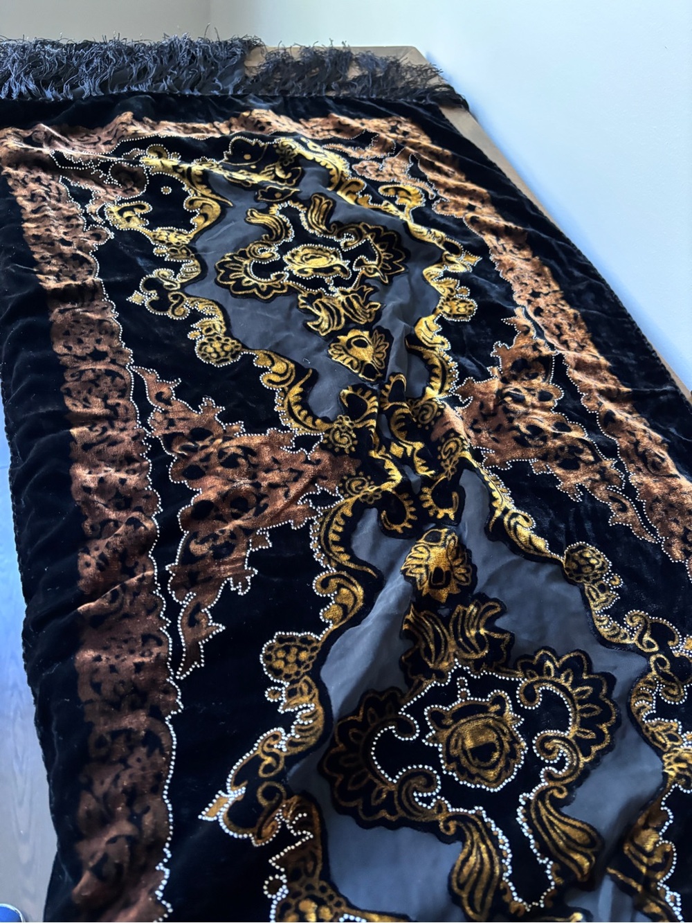 Black Velvet Burnout Shawl Gold Paisley Rhinestone Fringe Evening Wrap 67”